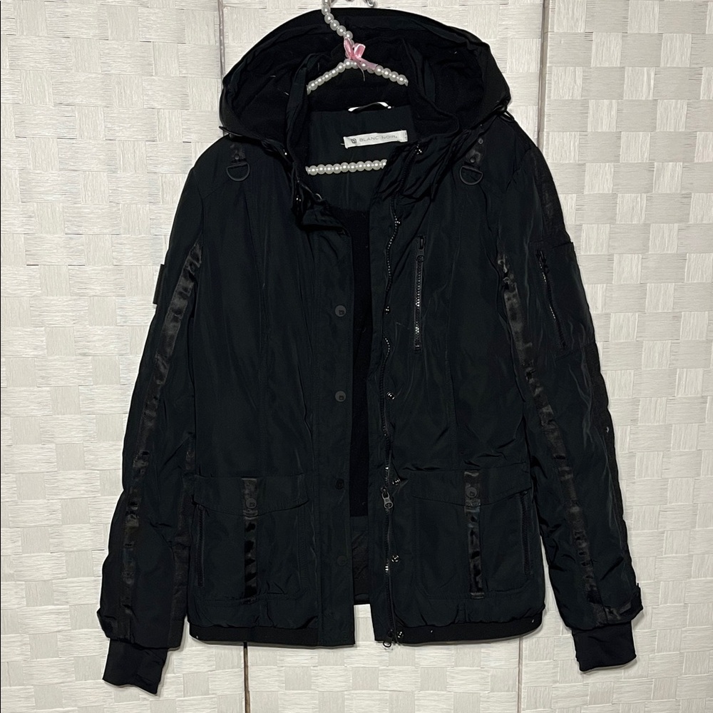 blanc noir Black Hooded Utility coat Jacket Removable Hood Eye catching Size M